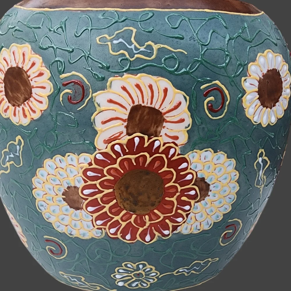 Vintage Asian Hand Painted Oval Vase Teal and Rust H4" - Picture 2 of 3